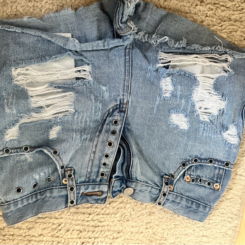 Distressed Denim Shorts with Grommet Details
